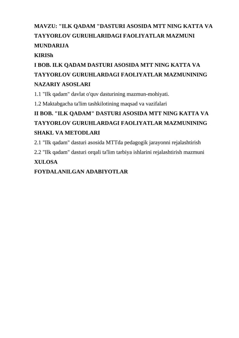 ILK QADAM DASTURI ASOSIDA MTT NING KATTA VA TAYYORLOV GURUHLARIDAGI FAOLIYATLAR MAZMUNI 1
