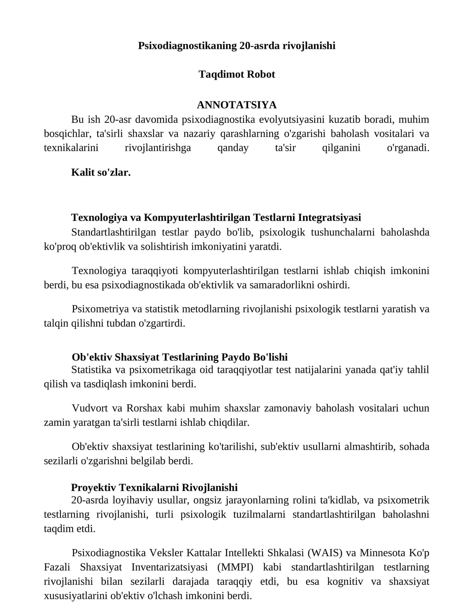 Psixodiagnostikaning 20-asrda rivojlanishi 1