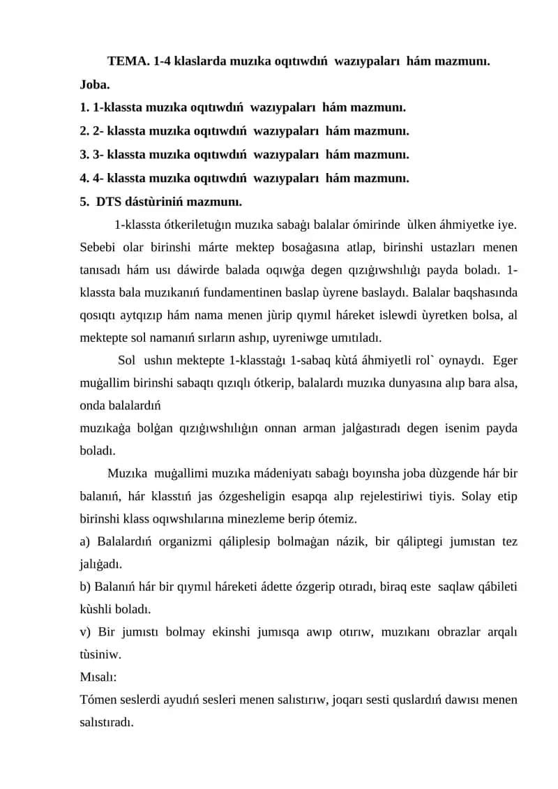 1-4 klaslarda muzıka oqıtıwdıń wazıypaları hám mazmunı 1