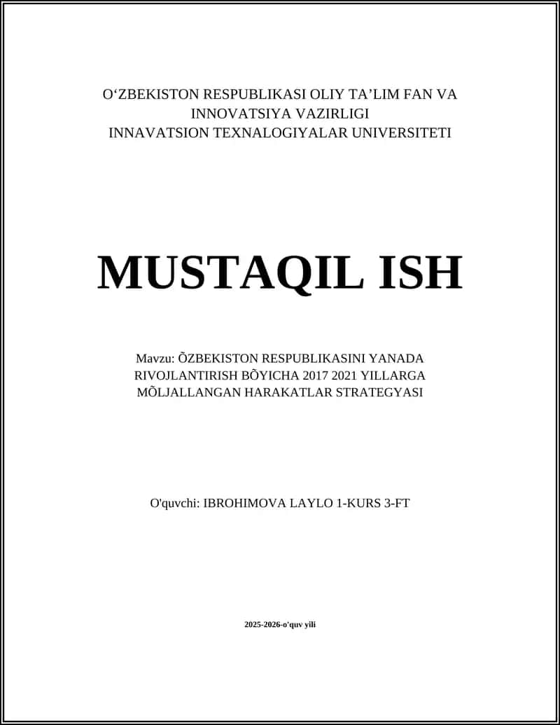 O‘zbekiston Respublikasini yanada rivojlantirish bo‘yicha 2017-2021 YILLARGA MÕLJALLANGAN HARAKATLAR STRATEGYASI 1