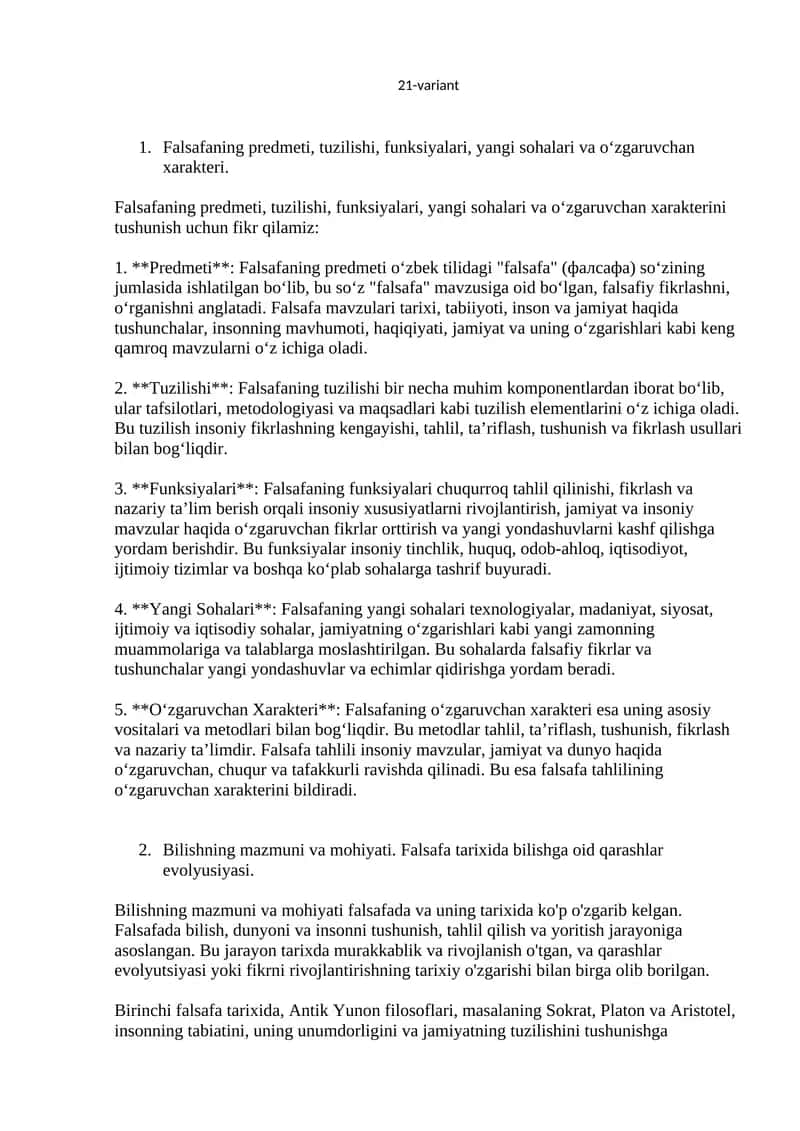 Falsafaning predmeti, tuzilishi, funksiyalari, yangi sohalari va o‘zgaruvchan xarakteri 1