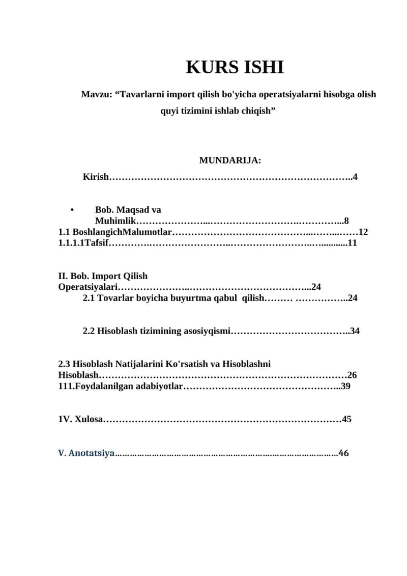 Tavarlarni import qilish bo'yicha operatsiyalarni hisobga olish quyi tizimini ishlab chiqish 1