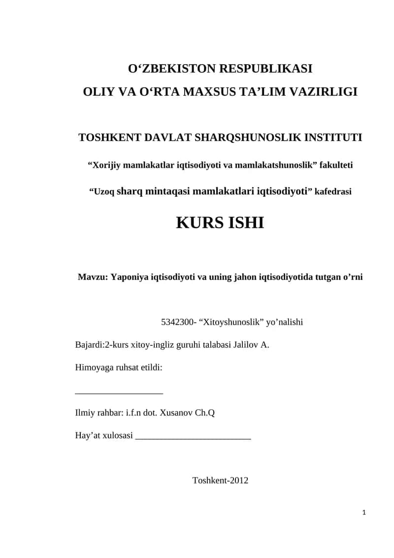 Yaponiya iqtisodiyoti va uning jahon iqtisodiyotida tutgan o'rni 1