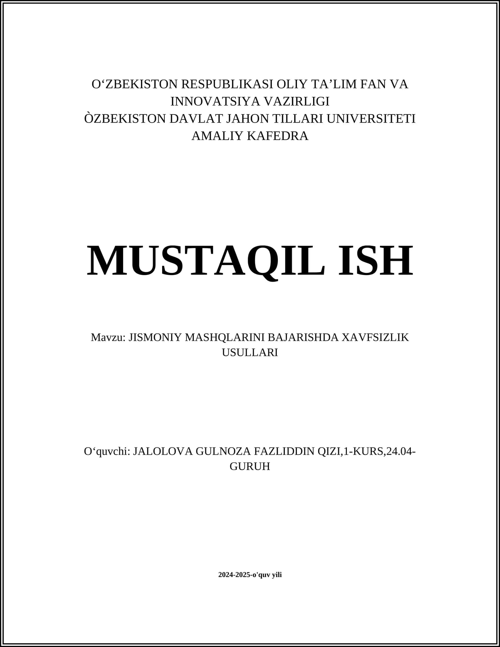 JISMONIY MASHQLARINI BAJARISHDA XAVFSIZLIK USULLARI 1
