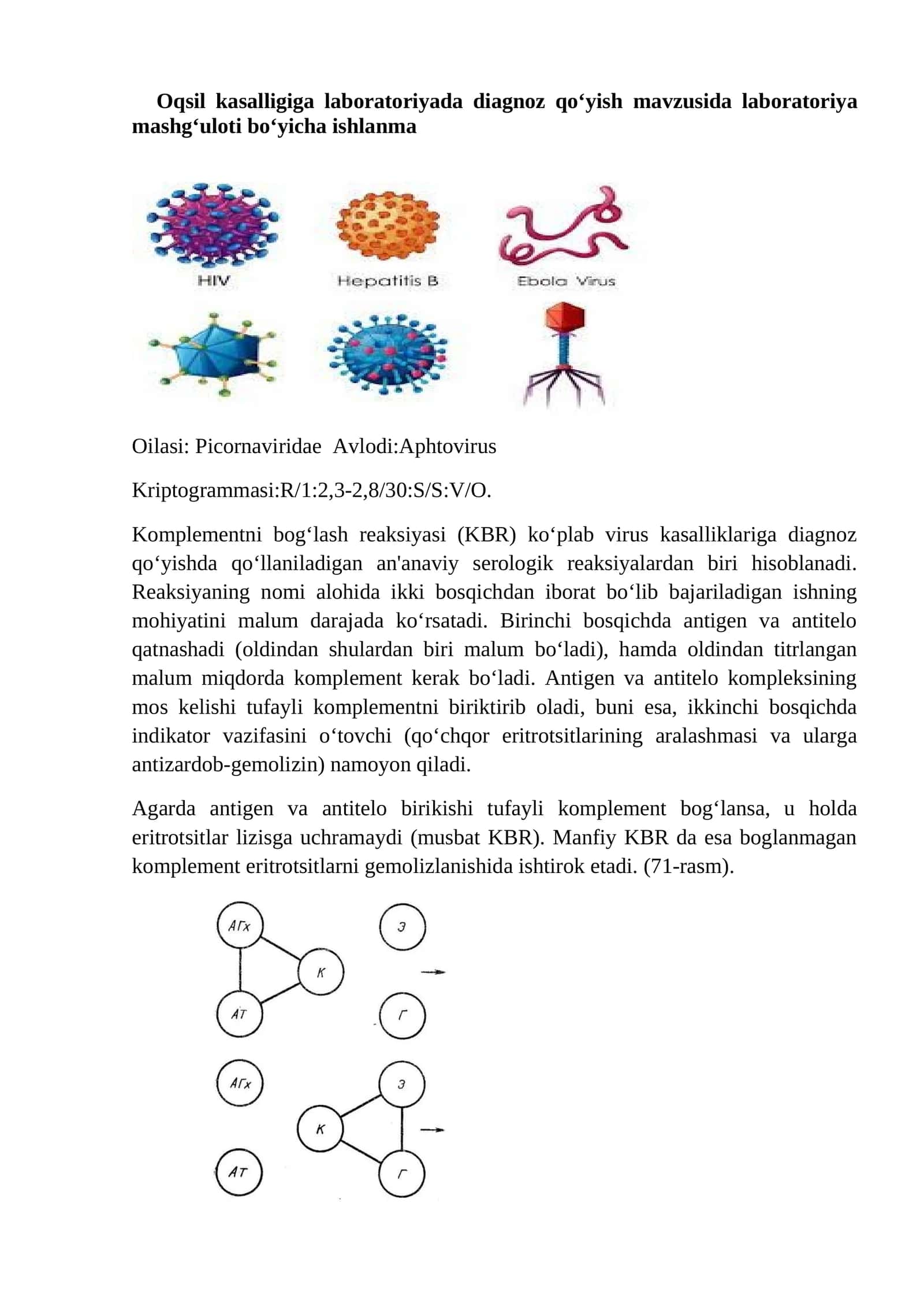 Oqsil kasalligiga laboratoriyada diagnoz qo‘yish mavzusida laboratoriya mashg‘uloti bo‘yicha ishlanma 1