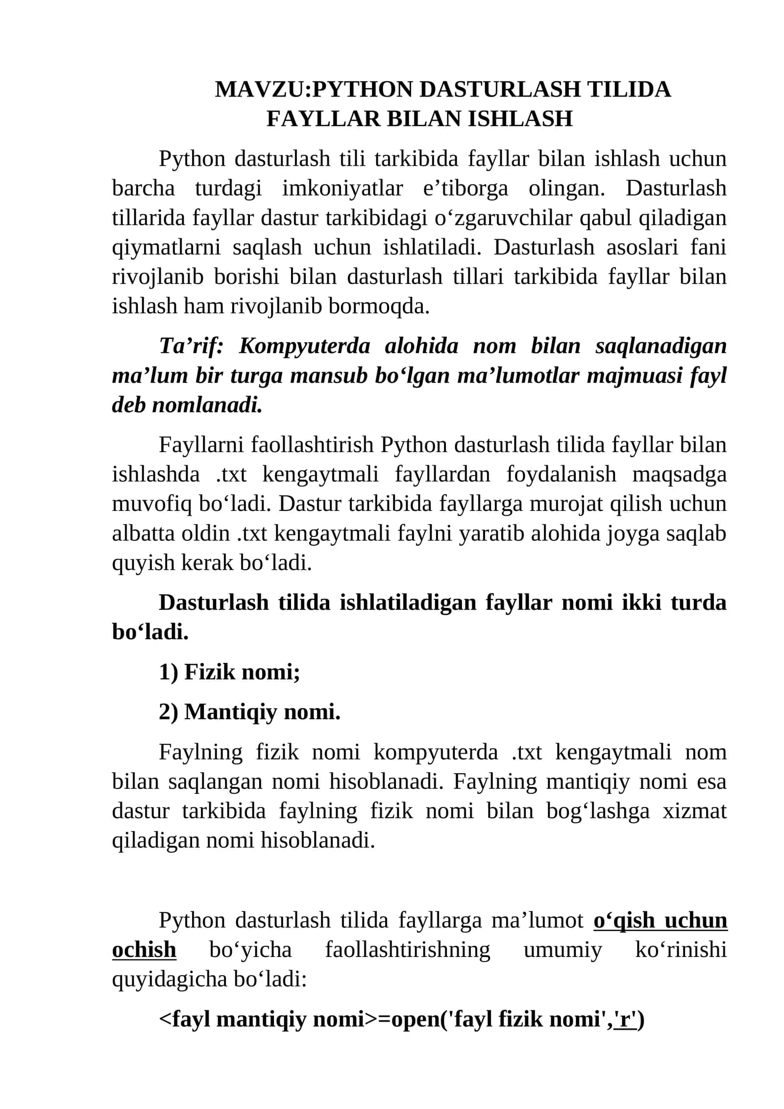 PYTHON DASTURLASH TILIDA FAYLLAR BILAN ISHLASH 1