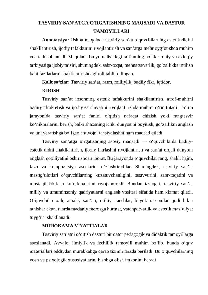 Tasviriy San'atga O'rgatishning Maqsadi va Dastur Tamoyillari 1