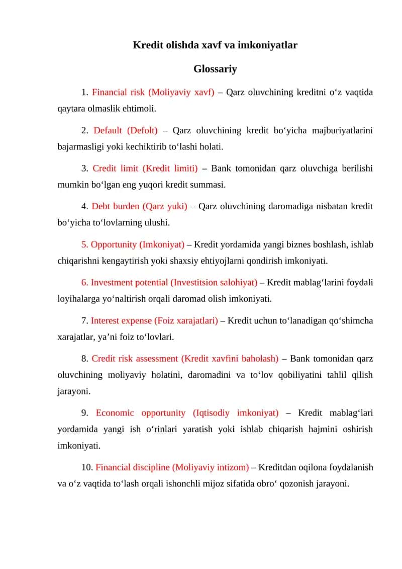 Glossariy: Kredit olishda xavf va imkoniyatlar 1