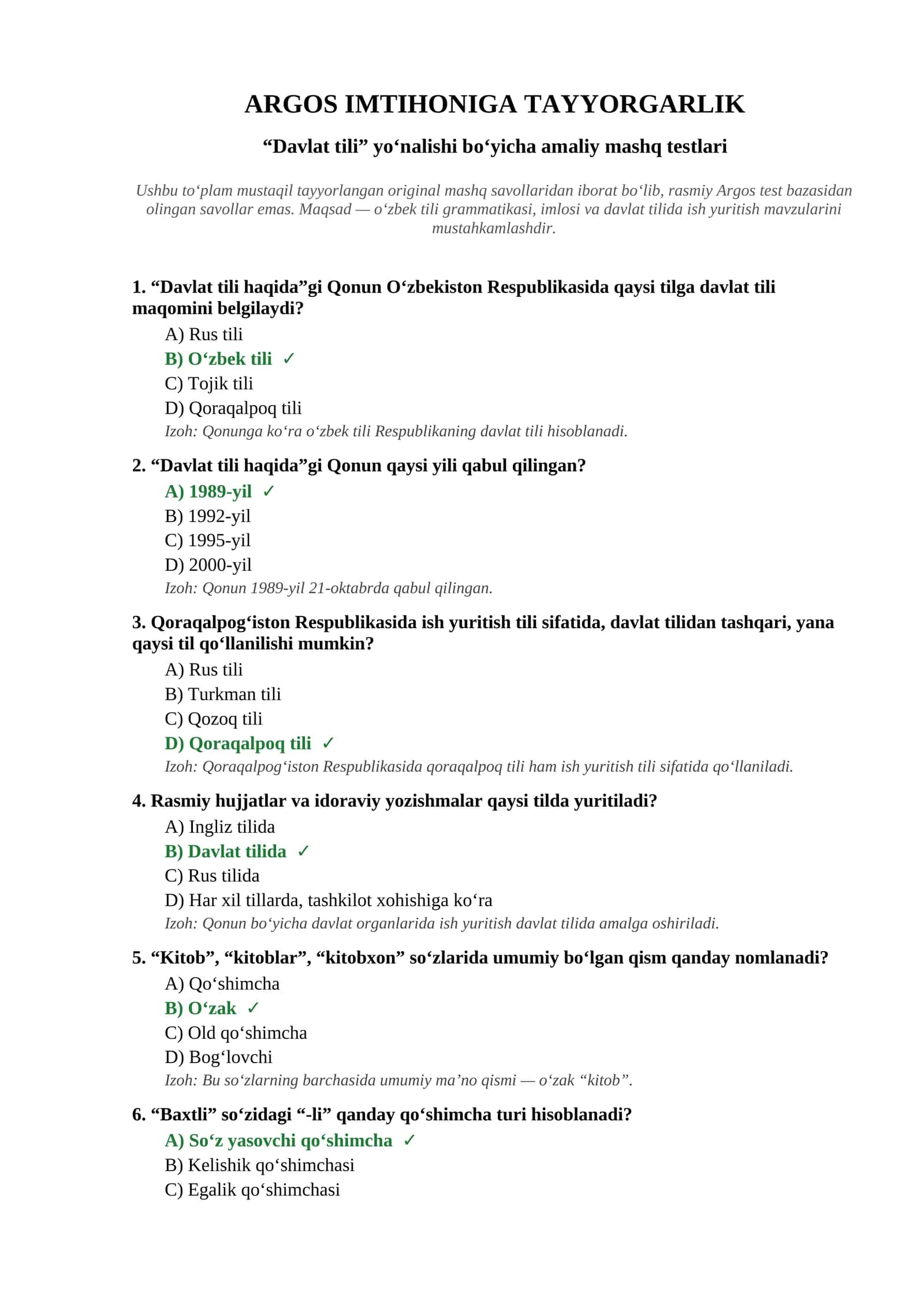 Davlat tili haqidagi test va javoblari 1