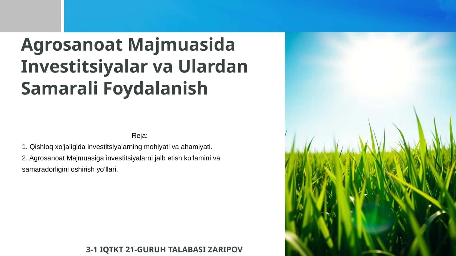 Agrosanoat Majmuasida Investitsiyalar va Ulardan Samarali Foydalanish 1