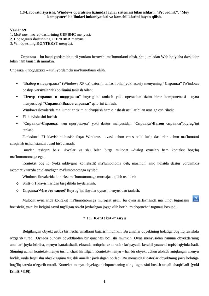 Laboratoriya ishi: Windows operatsion tizimida fayllar sistemasi bilan ishlash. “Provodnik”, “Moy kompyuter” bo’limlari imkoniyatlari va kamchiliklarini bayon qilish 1