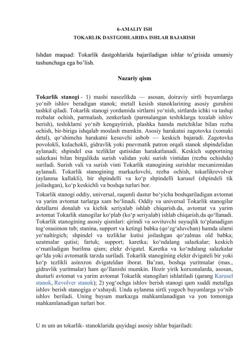 Tokarlik Dastgohlarda Ishlar Bajarish 1