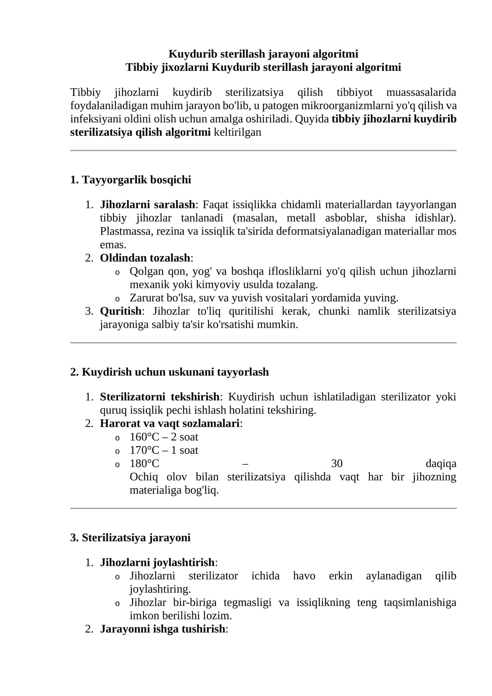 Tibbiy jihozlarni kuydirib sterilizatsiya qilish algoritmi 1
