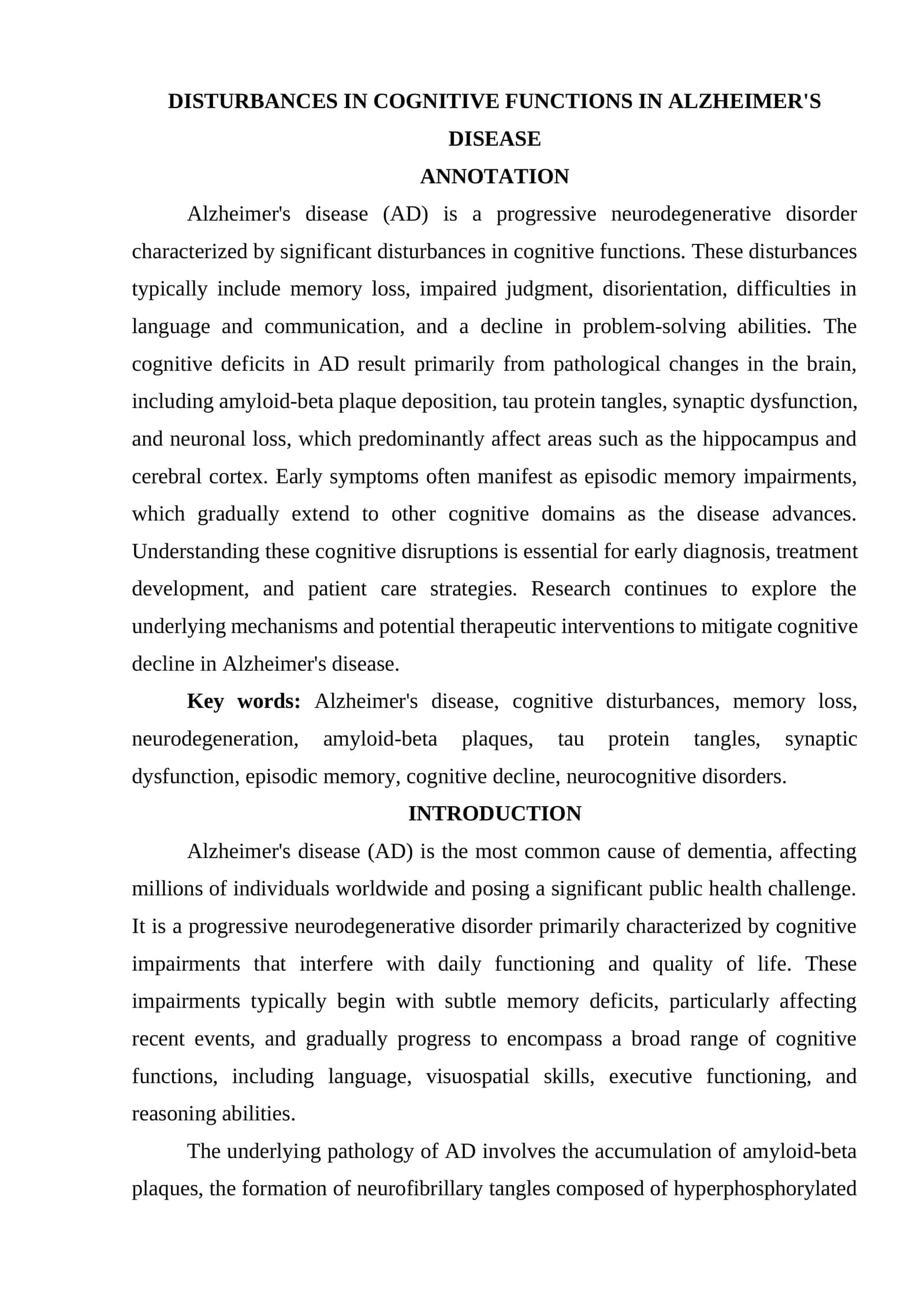DISTURBANCES IN COGNITIVE FUNCTIONS IN ALZHEIMER'S DISEASE 1