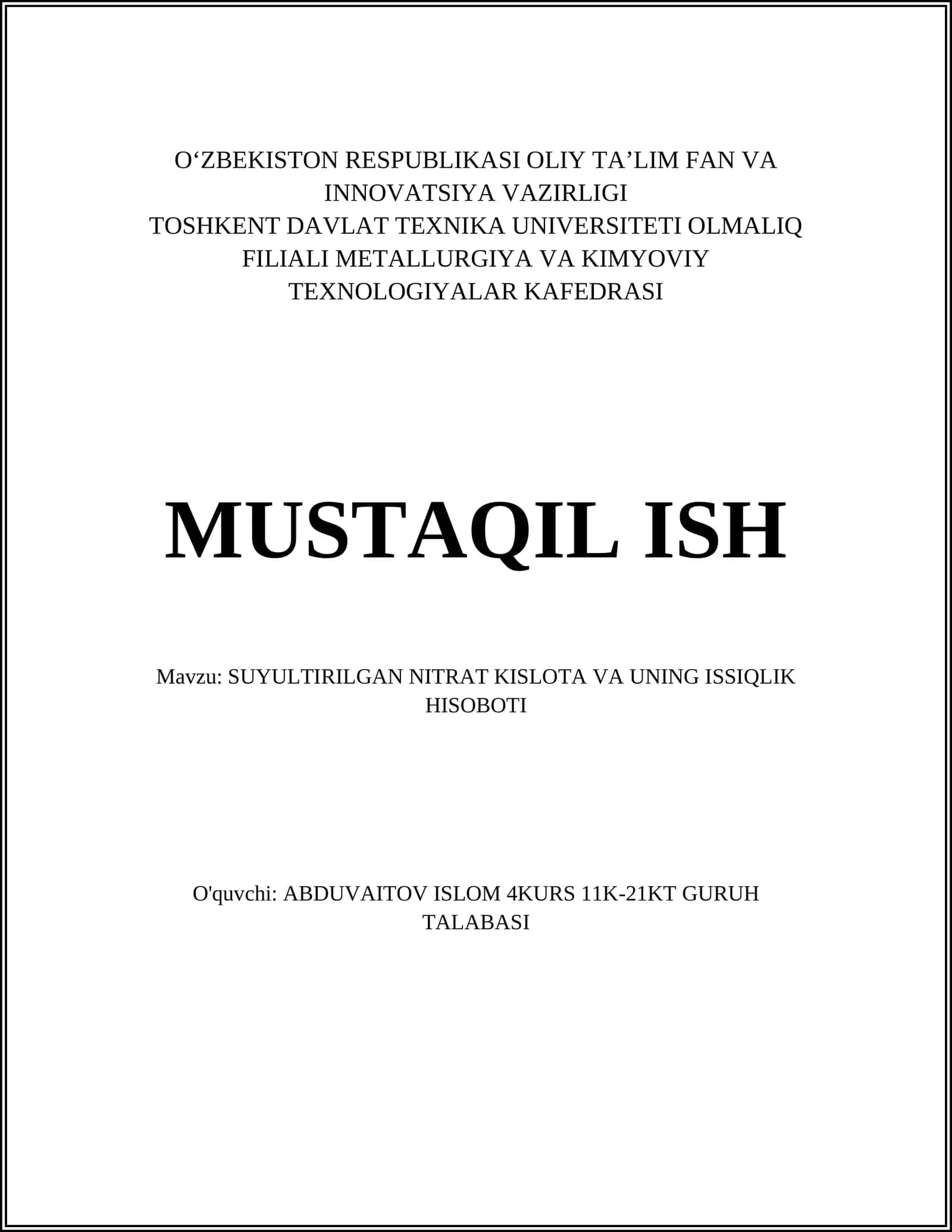 SUYULTIRILGAN NITRAT KISLOTA VA UNING ISSIQLIK HISOBOTI 1