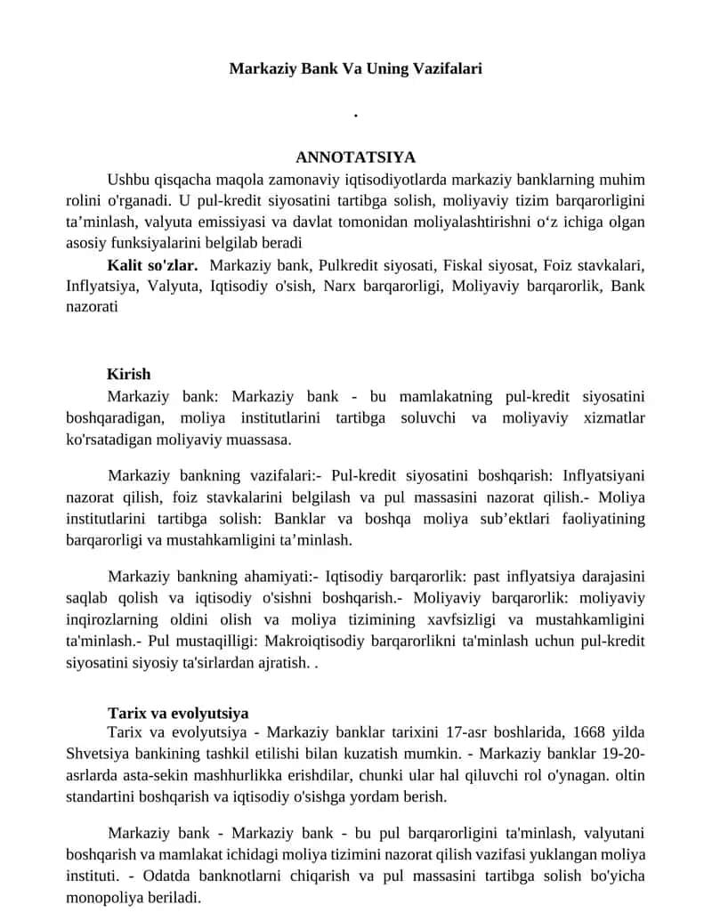 Markaziy Bank Va Uning Vazifalari 1