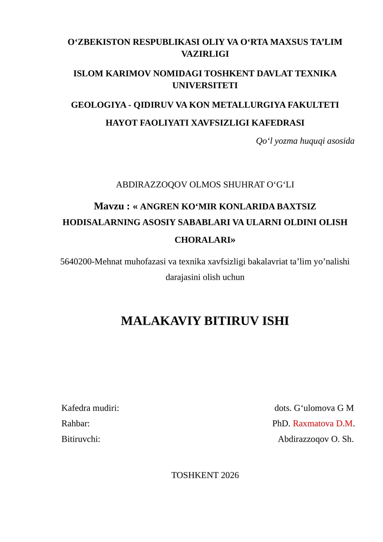 BMI ANGREN KO‘MIR KONLARIDA BAХTSIZ HODISALARNING ASOSIY SABABLARI VA ULARNI OLDINI OLISH CHORALARI 1
