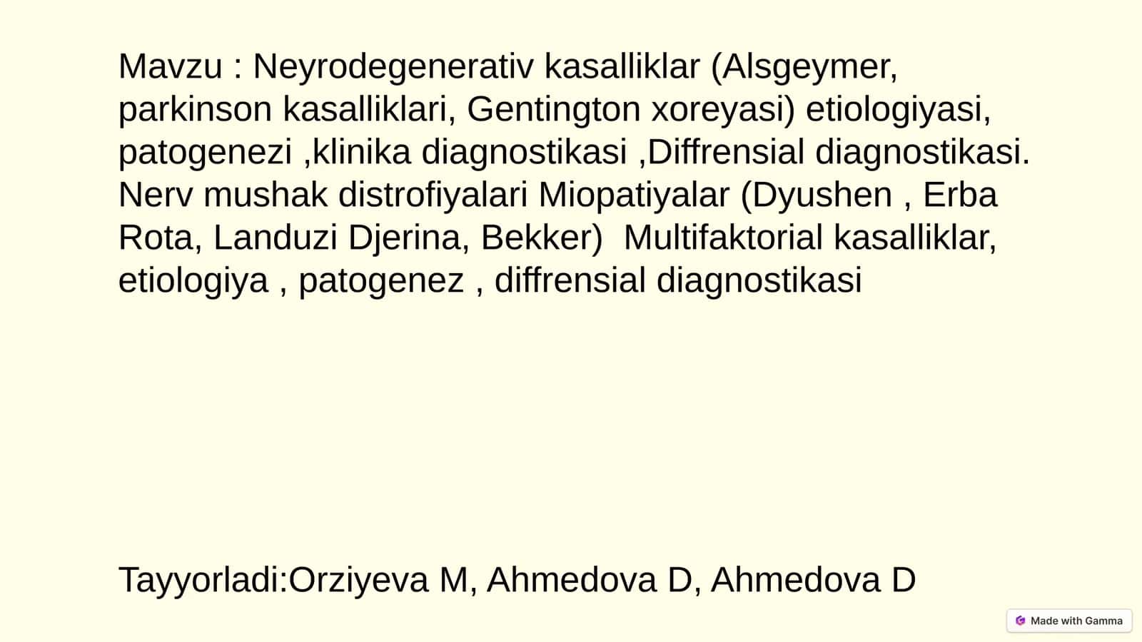 Neyrodegenerativ kasalliklar (Alsgeymer, parkinson kasalliklari, Gentington xoreyasi) etiologiyasi, patogenezi,klinika diagnostikasi,Diffrensial diagnostikasi. Nerv mushak distrofiyalari Miopatiyalar (Dyushen, Erba Rota, Landuzi Djerina, Bekker) Multifaktorial kasalliklar, etiologiya, patogenez, diffrensial diagnostikasi 1