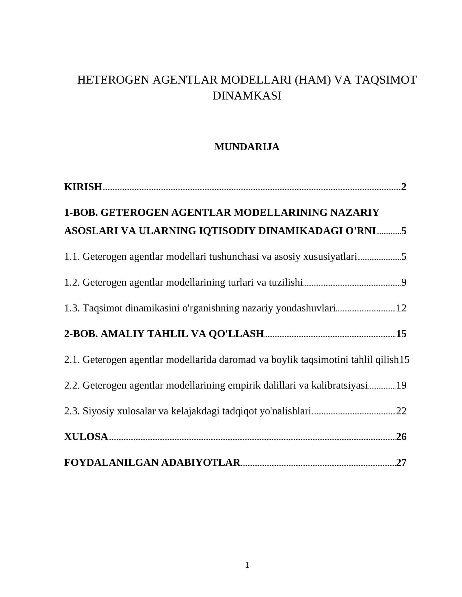 HETEROGEN AGENTLAR MODELLARI (HAM) VA TAQSIMOT DINAMKASI 1