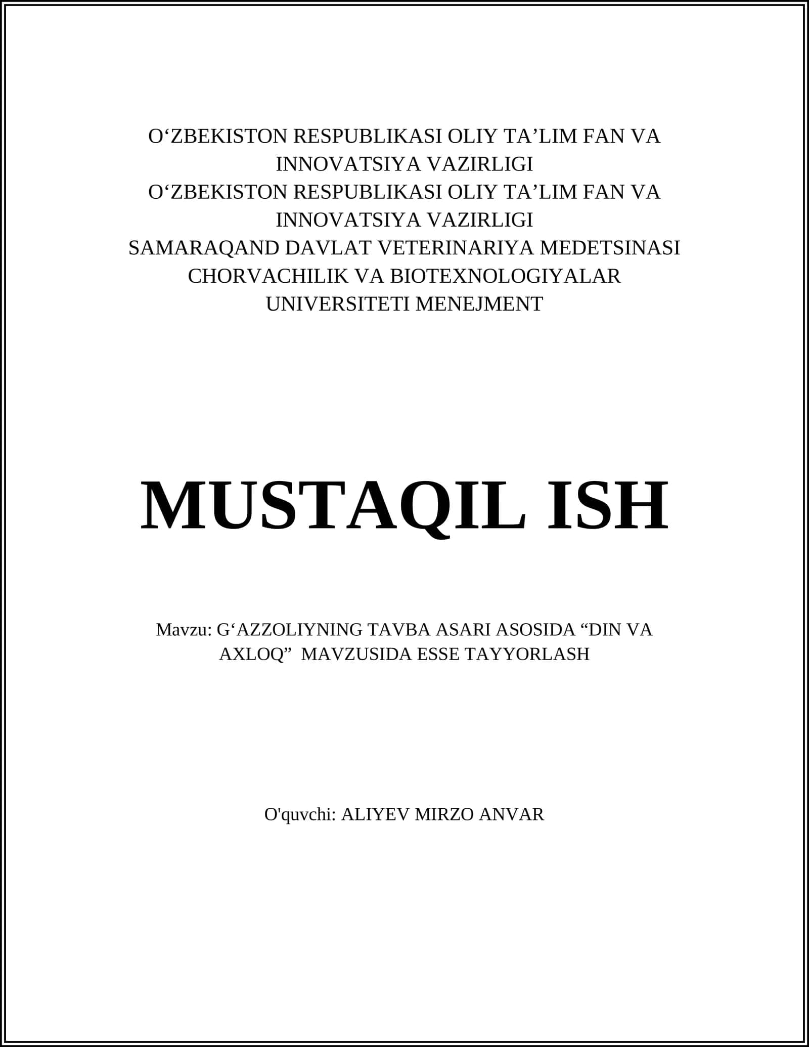 G‘azzoliyning Tavba Asari Asosida “Din va Axloq” Mavzusida Esse Tayyorlash 1
