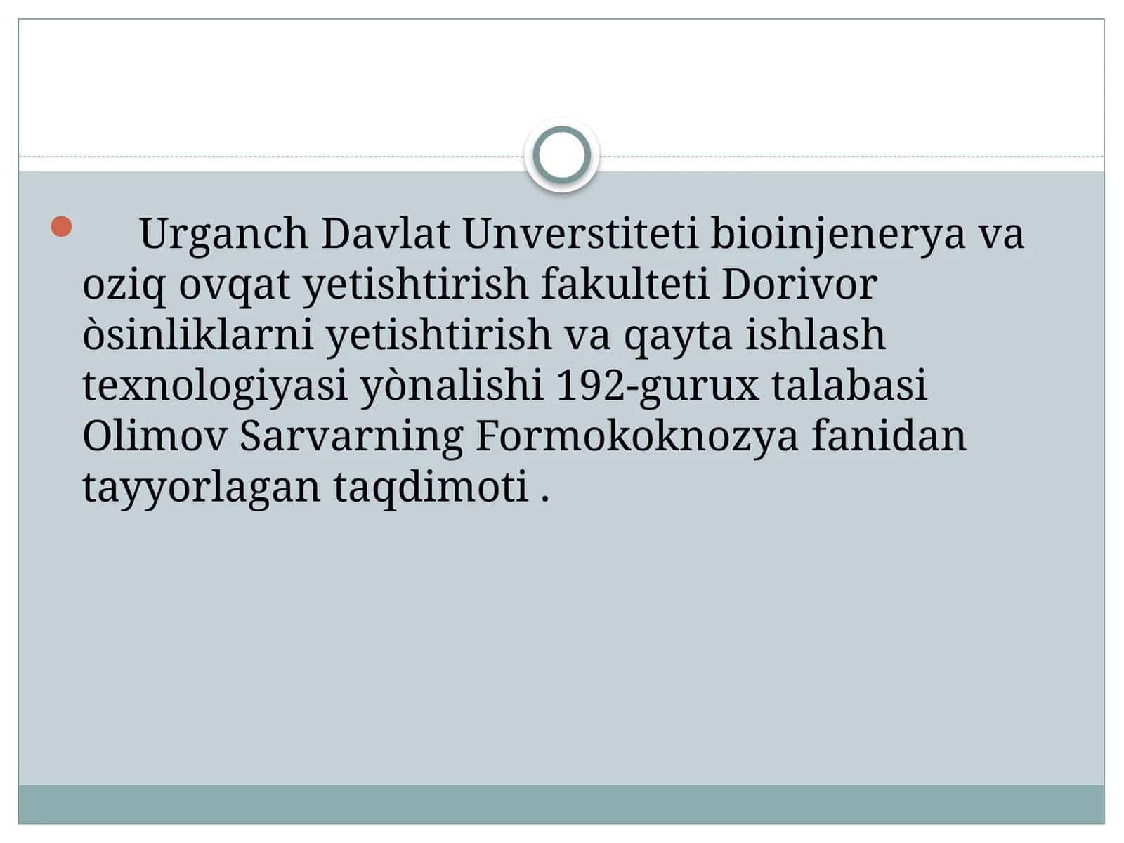 Dorivoròsinliklarni yetishtirish va qayta ishlash texnologiyasi yònalishi 192-gurux talabasi Olimov Sarvarning Formokoknozya fanidan tayyorlagan taqdimoti 1