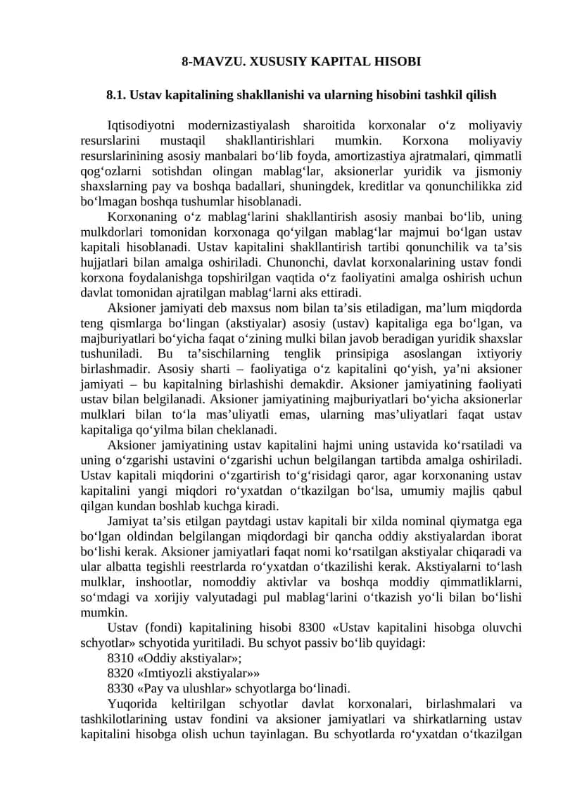 Ustav kapitalining shakllanishi va ularning hisobini tashkil qilish 1