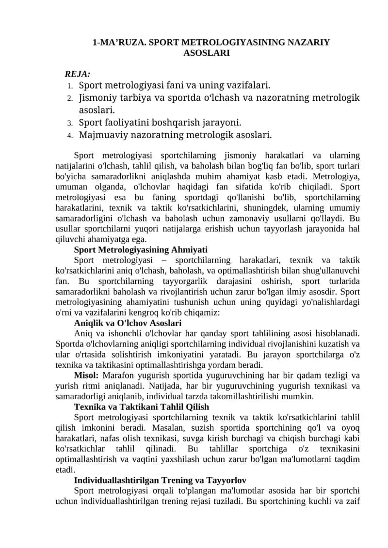 MA’RUZA. SPORT METROLOGIYASINING NAZARIY ASOSLARI 1
