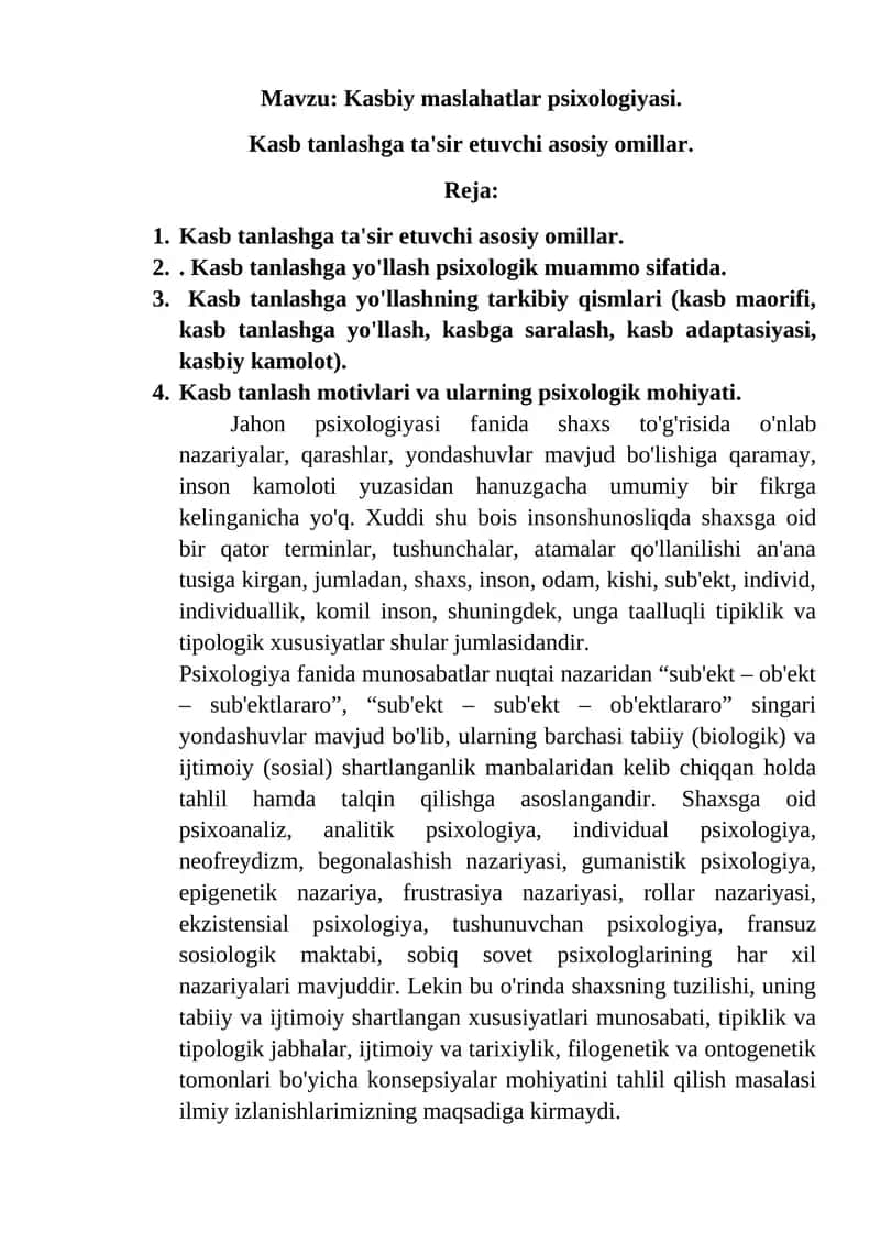 Kasbiy maslahatlar psixologiyasi. 1