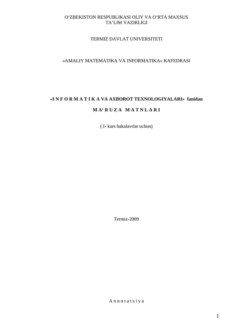AMALIY MATEMATIKA VA INFORMATIKA MA'RUZALARI 1