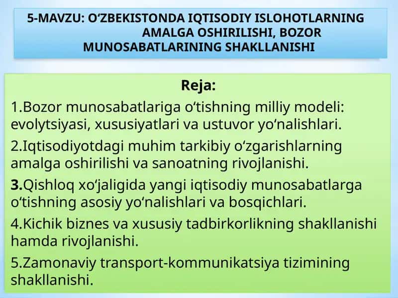О‘ZBEKISTONDA IQTISODIY ISLOHOTLARNINGAMALGA OSHIRILISHI, BOZOR MUNOSABATLARINING SHAKLLANISHI 1
