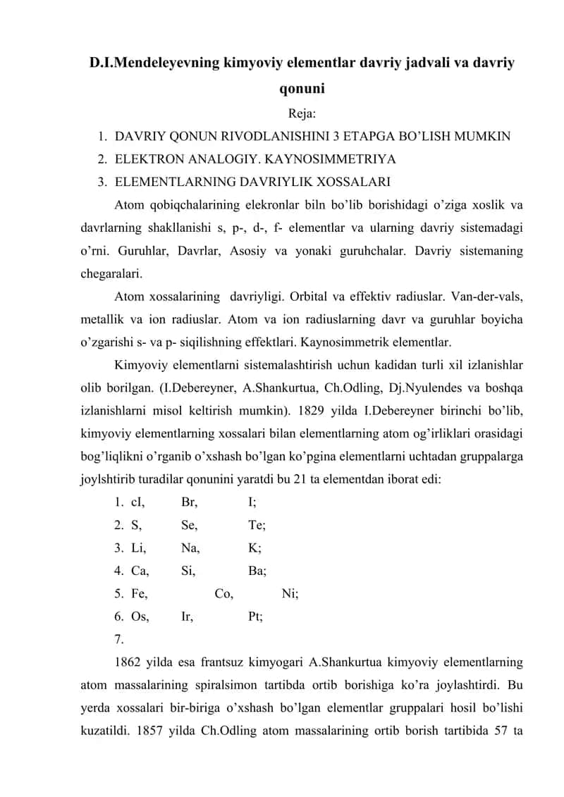 D.I.Mendeleyevning kimyoviy elementlar davriy jadvali va davriy qonuni 1