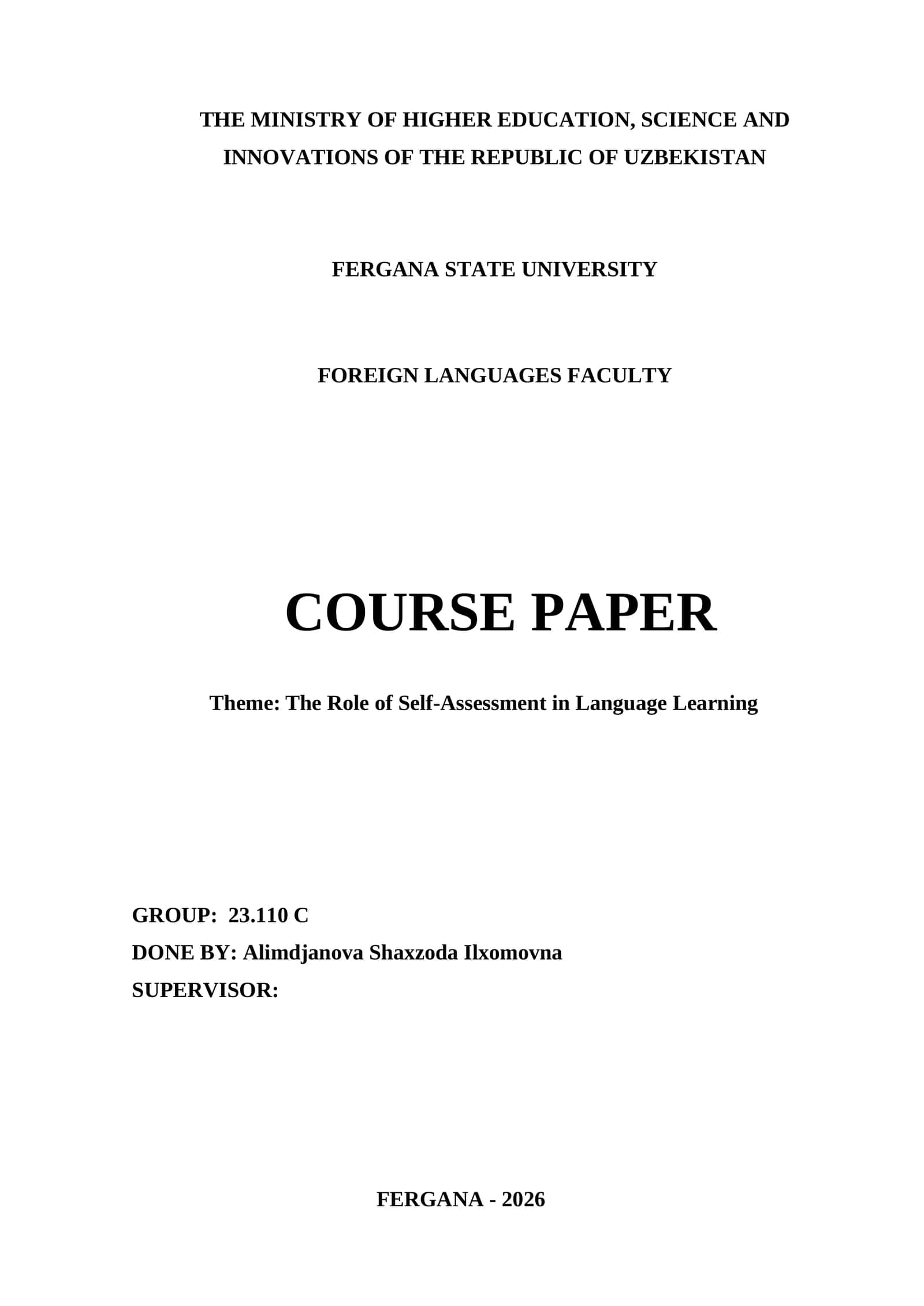 Course Paper: The Role of Self-Assessment in Language Learning 1