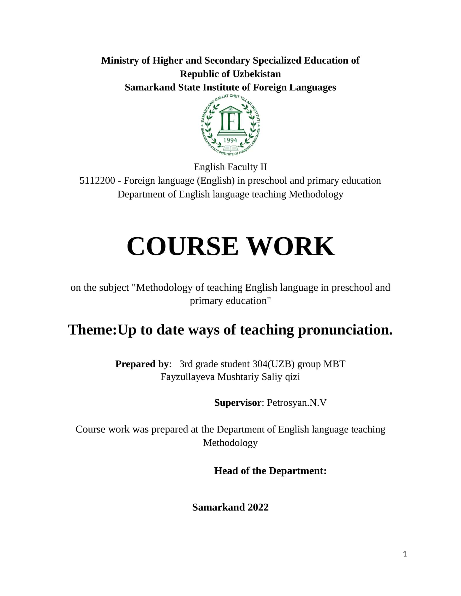 Methodology of teaching English language in preschool and primary education 1