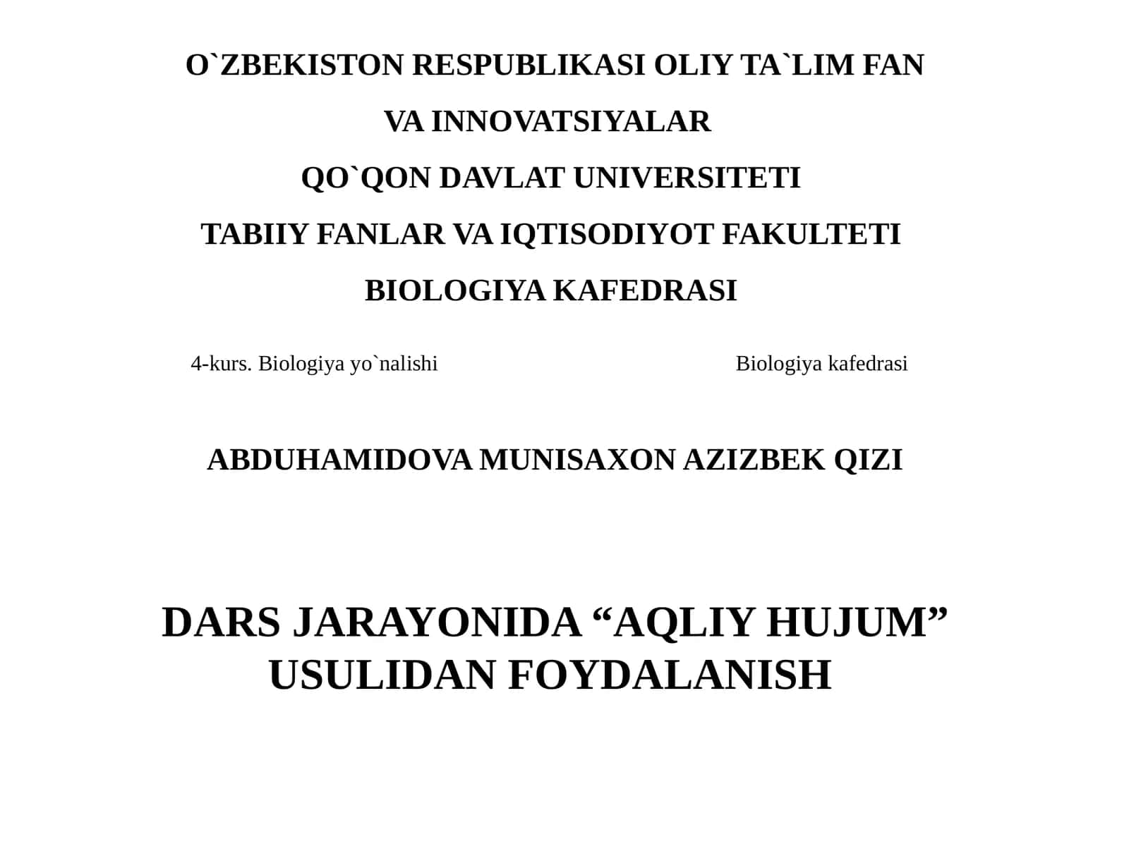 Biologiya Kafedrasi Dars Jarayonida "Aqliy Hujum" Usulidan Foydalanish 1