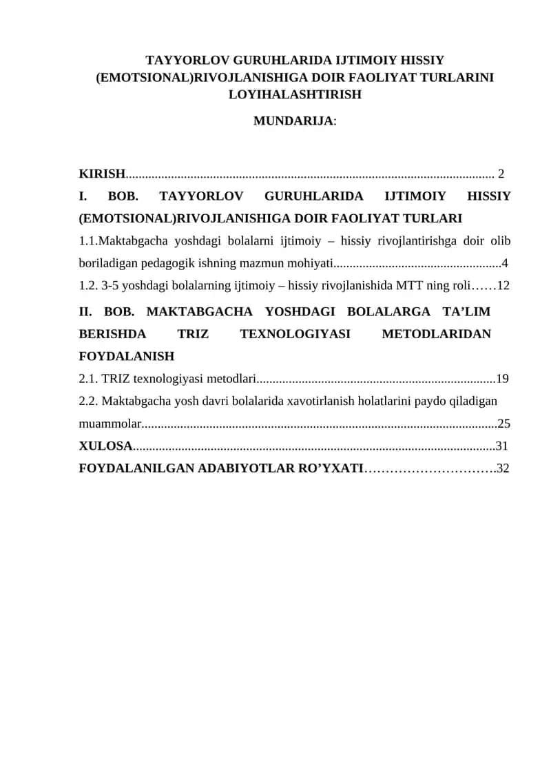 TAYYORLOV GURUHLARIDA IJTIMOIY HISSIY (EMOTSIONAL)RIVOJLANISHIGA DOIR FAOLIYAT TURLARINI LOYIHALASHTIRISH 1