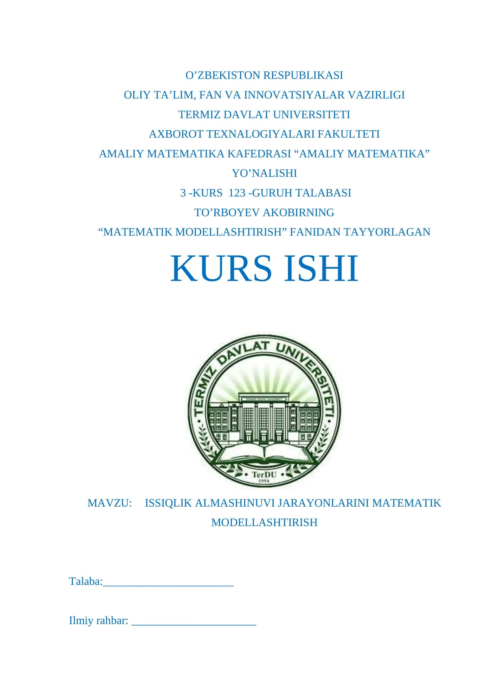 “MATEMATIK MODELLASHTIRISH” FANIDAN TAYYORLAGAN KURS ISHI 1