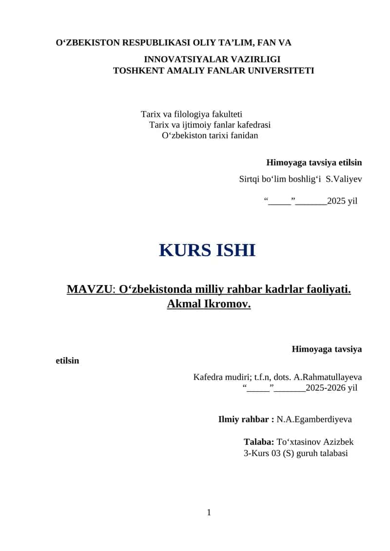 O‘zbekistonda milliy rahbar kadrlar faoliyati. Akmal Ikromov 1