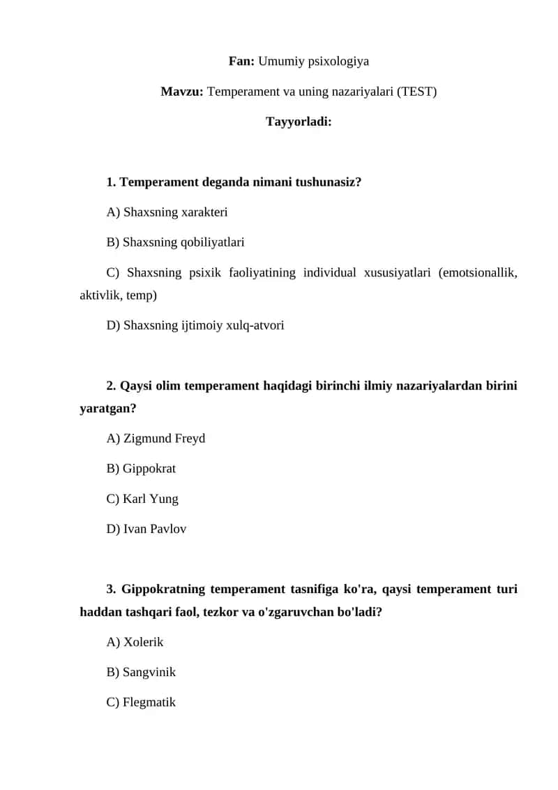 Temperament va uning nazariyalari (TEST) 1