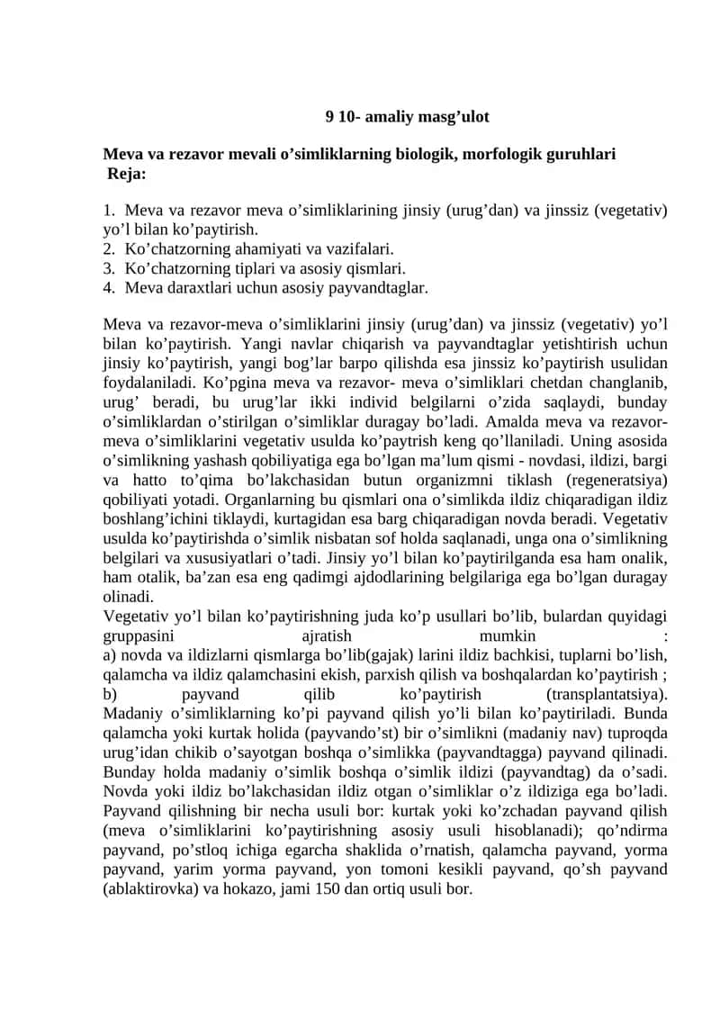 Meva va rezavor mevali o’simliklarning biologik, morfologik guruhlari 1