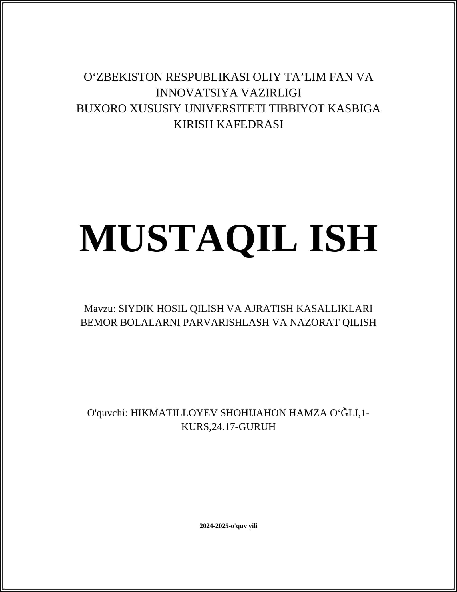 SIYDIK HOSIL QILISH VA AJRATISH KASALLIKLARI BEMOR BOLALARNI PARVARISHLASH VA NAZORAT QILISH 1
