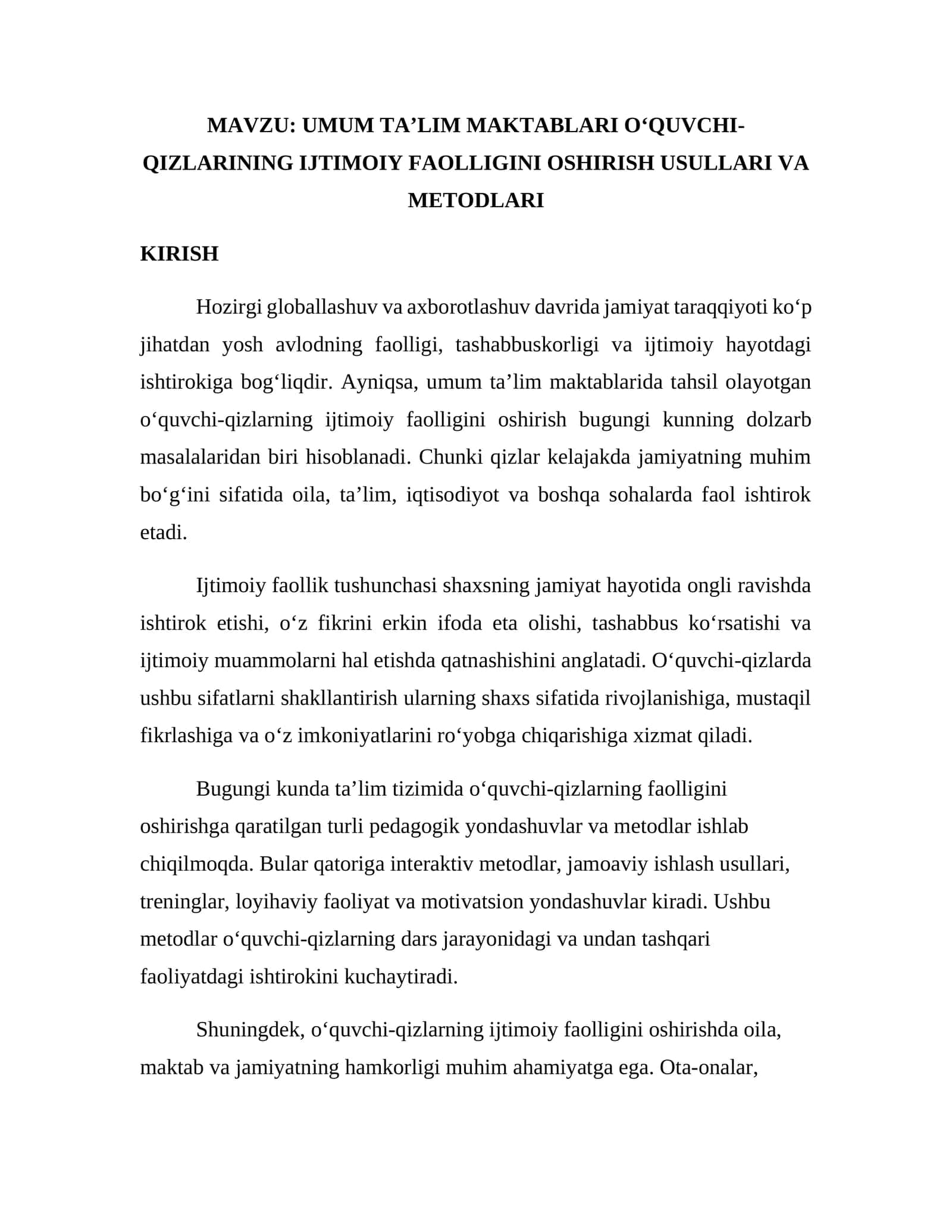 UMUM TA’LIM MAKTABLARI O‘QUVCHI-QIZLARINING IJTIMOIY FAOLLIGINI OSHIRISH USULLARI VA METODLARI 1