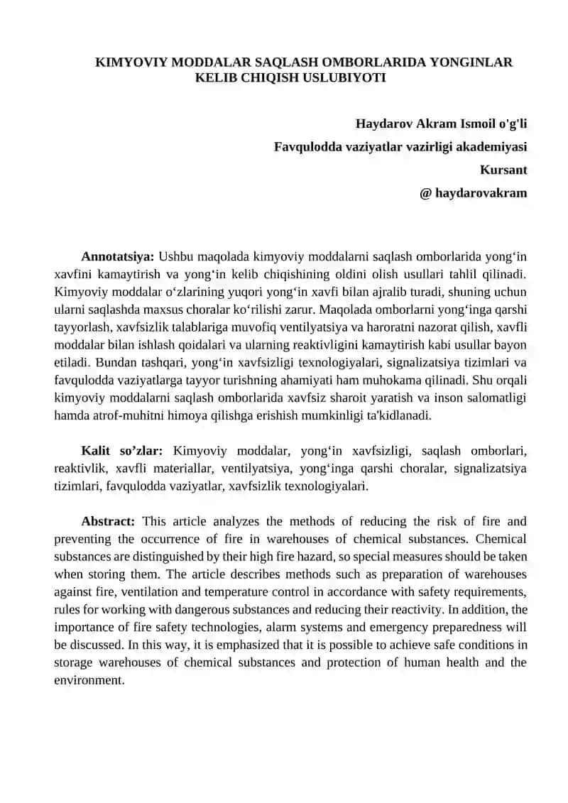Kimyoviy moddalar saqlash omborlarida yonginlar kelib chiqish uslubiyoti