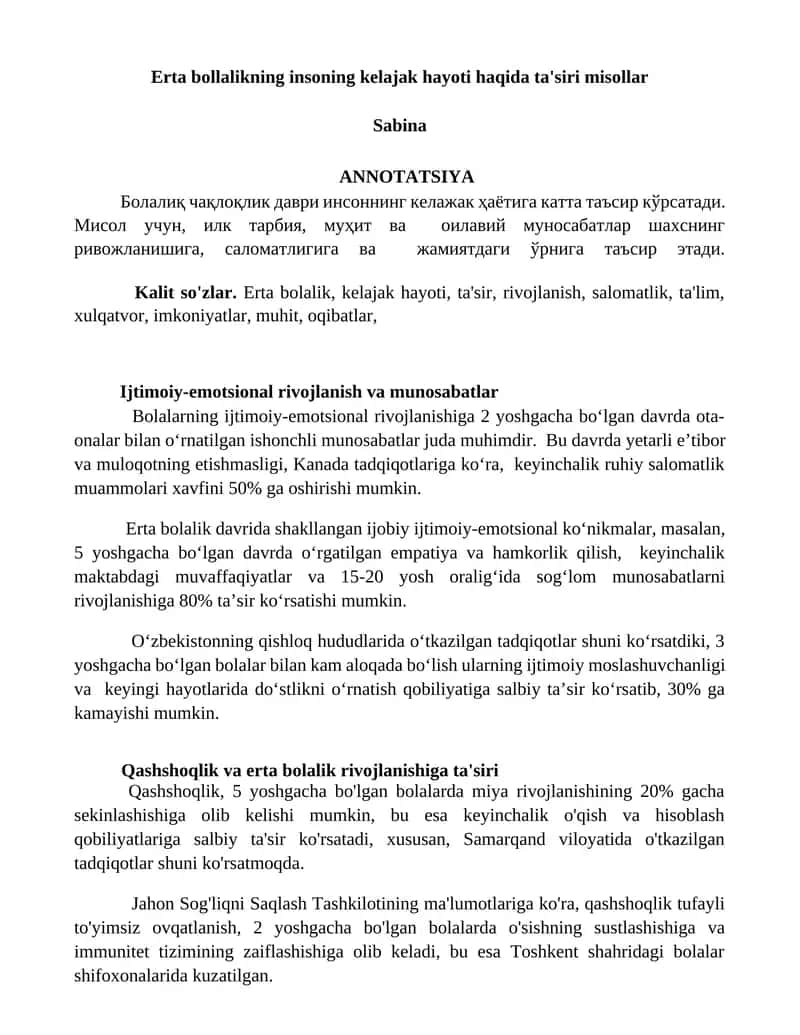 Erta bollalikning insoning kelajak hayoti haqida ta'siri misollar 1