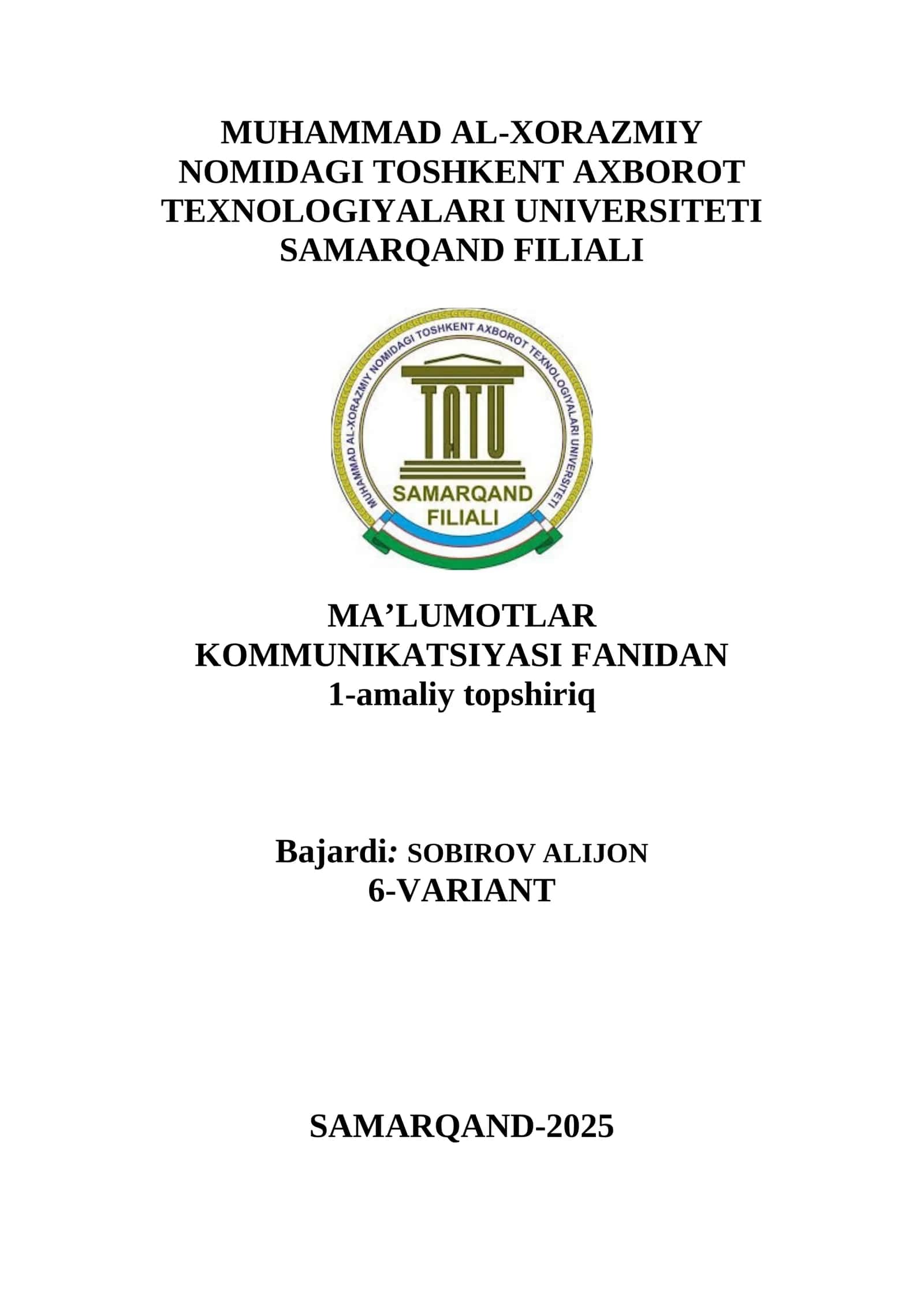 MA’LUMOTLAR KOMMUNIKATSIYASI FANIDAN 1