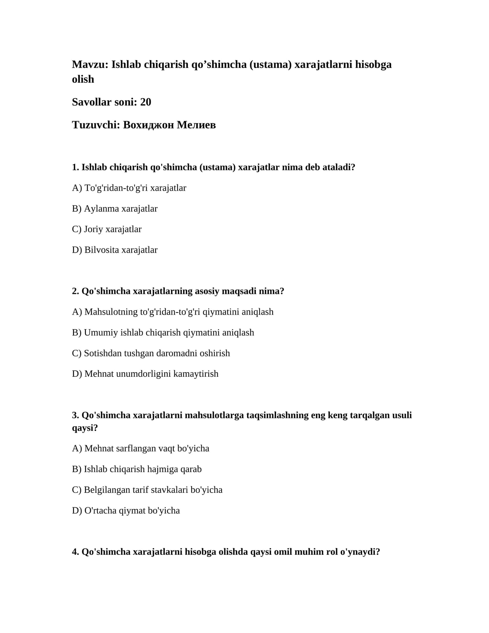 Ishlab chiqarish qo’shimcha (ustama) xarajatlarni hisobga olish 1