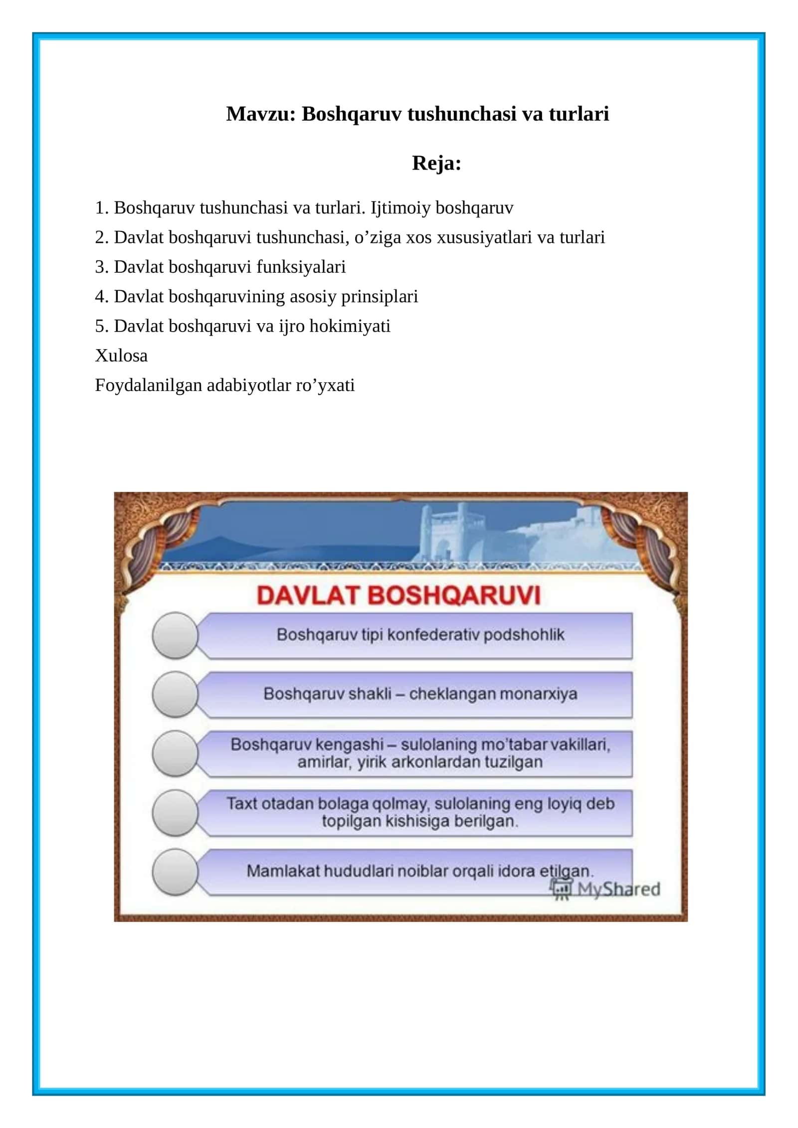 Davlat boshqaruvi tushunchasi, o’ziga xos xususiyatlari va turlari 1
