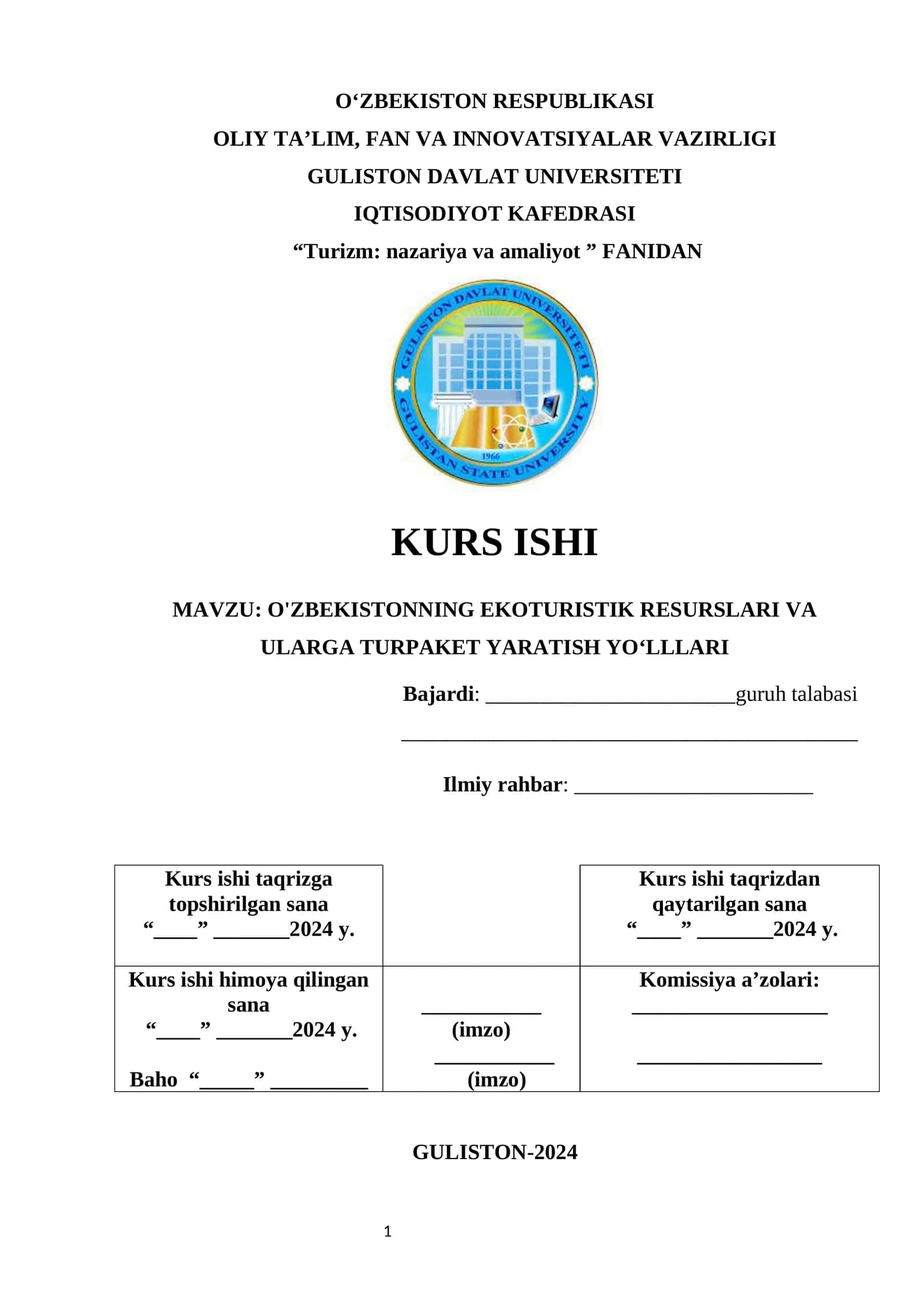Turizm: nazariya va amaliyot KURS ISHI 1