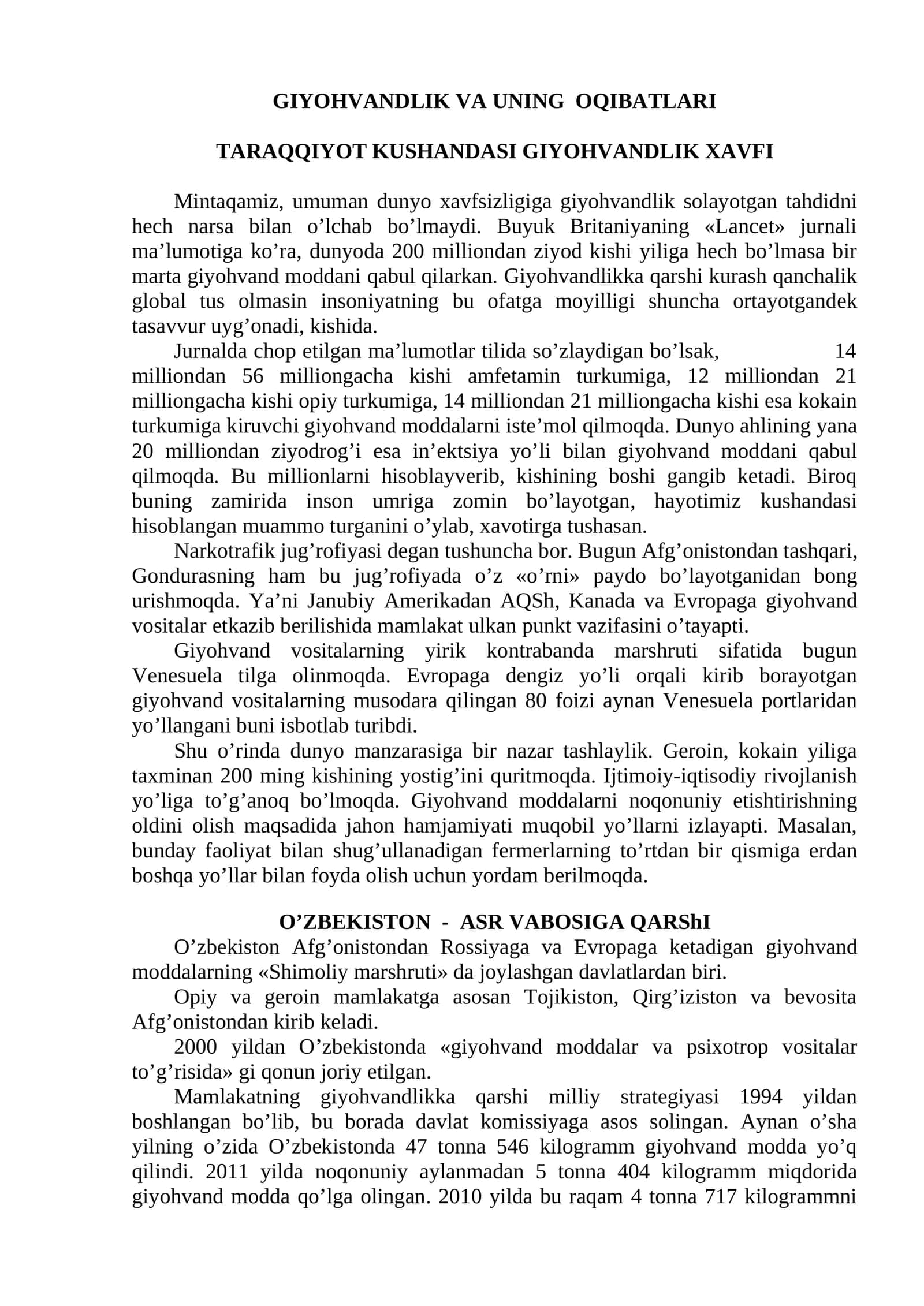 GIYOHVANDLIK VA UNING OQIBATLARI. TARAQQIYOT KUSHANDASI GIYOHVANDLIK XAVFI 1