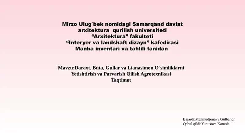 Daraxt, Buta, Gullar va Lianasimon O`simliklarni Yetishtirish va Parvarish Qilish Agrotexnikasi 1