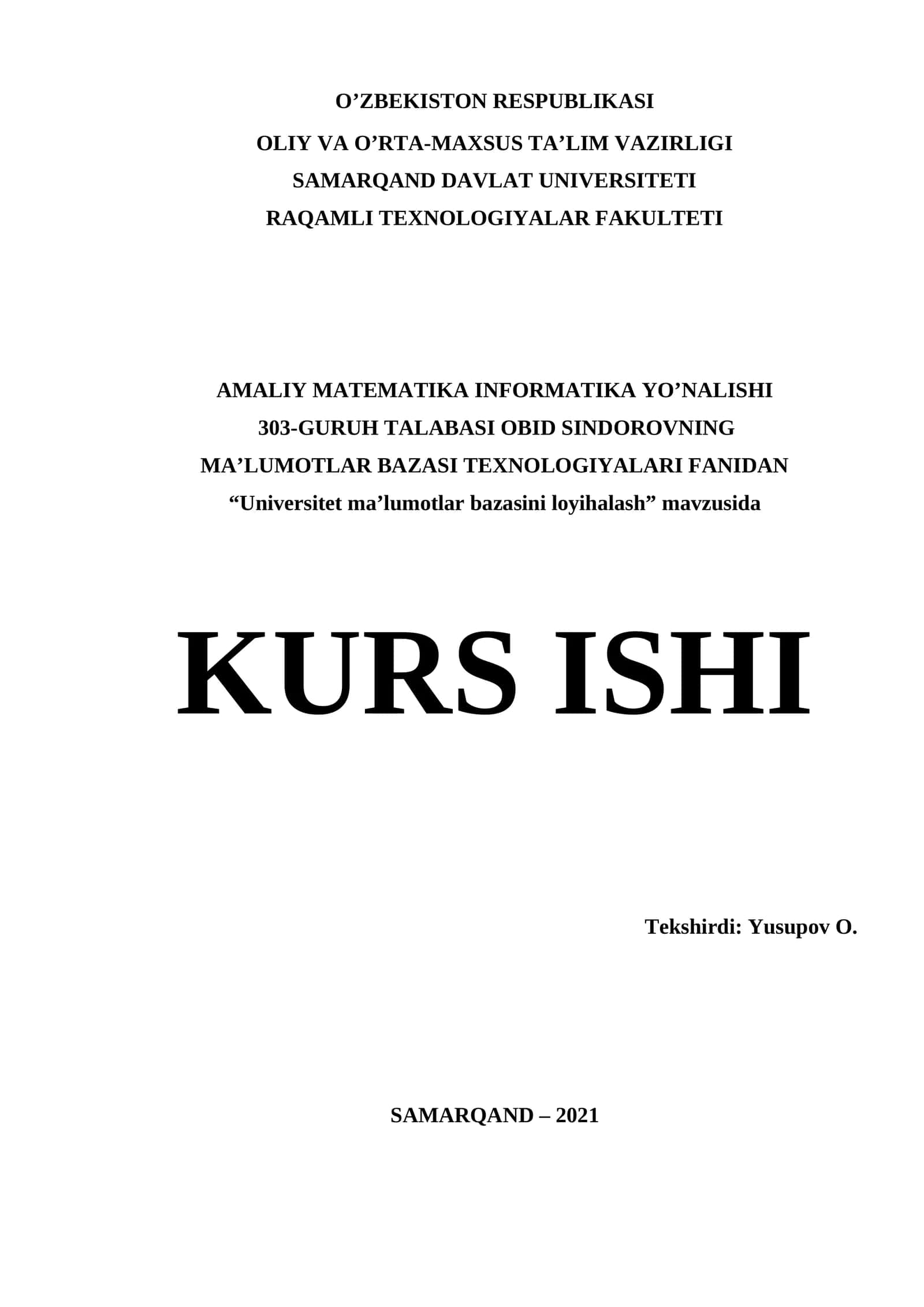 "Ma'lumotlar bazasini loyihalash" kurs ishi 1